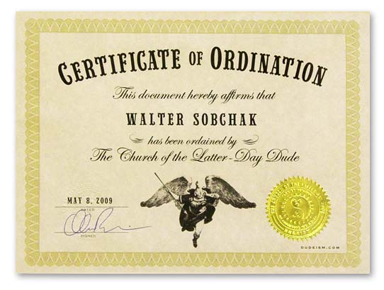 ordination certificate dudeism ordained latter dudeist minister church priest dude certificates blank printable form templates lebowski date